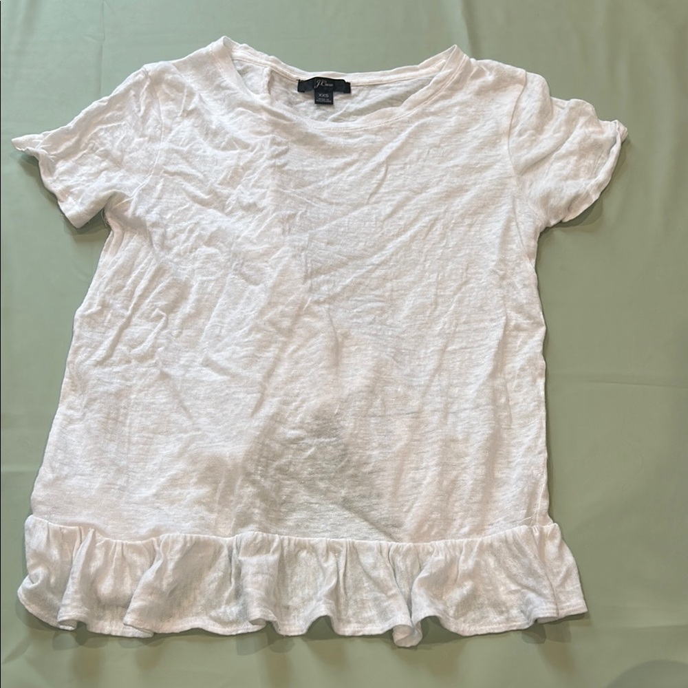 J. Crew White Ruffled Short Sleeve Tee